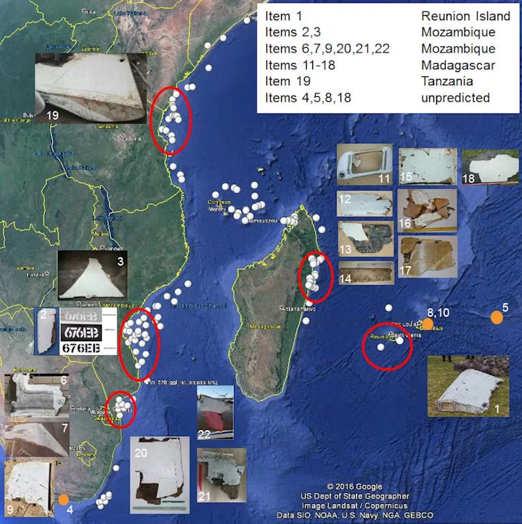 Детальна супутникова карта, що показує розташування уламків, знайдених на берегах Африки та Мадагаскару.