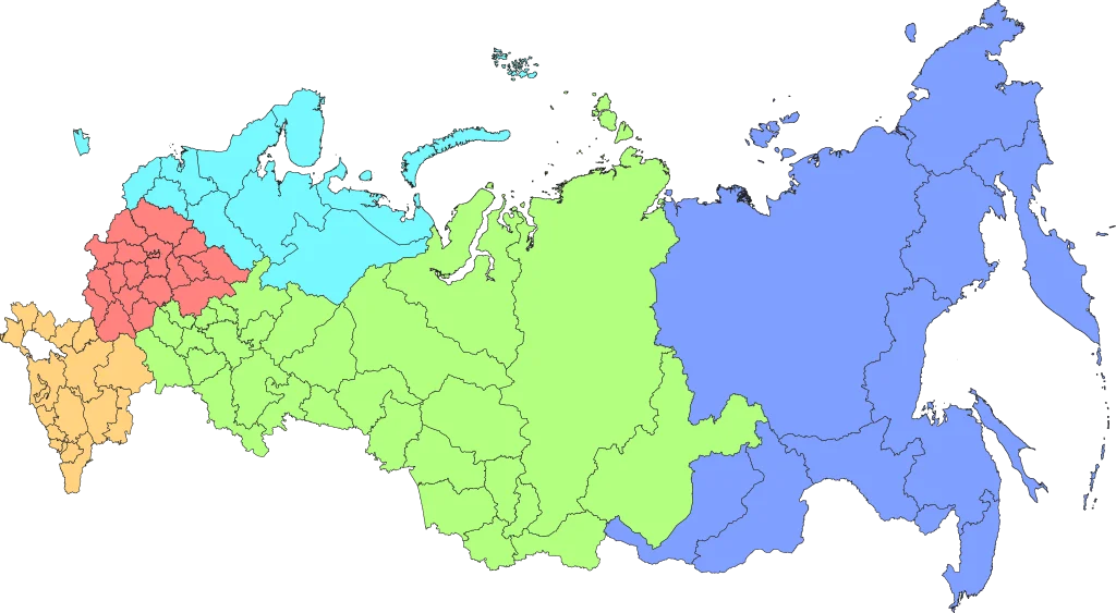 Південний округ РФ позначений на мапі жовтим. Увага: ця карта є 