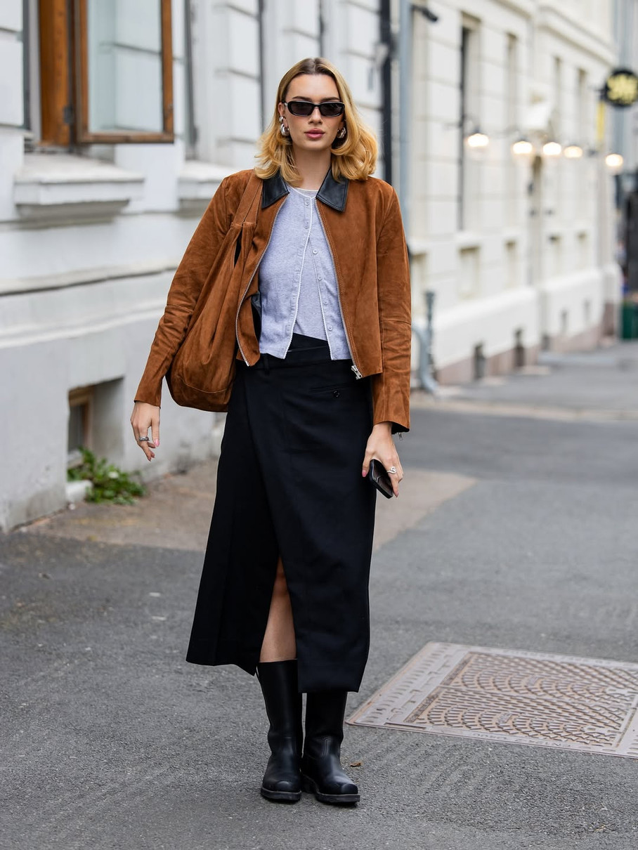 Образ із мідіспідницею і курткою робочого