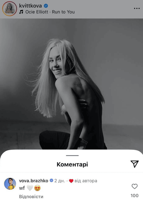 Коментар Володимира Бражка під дописом Даші Квіткової / © скриншот
