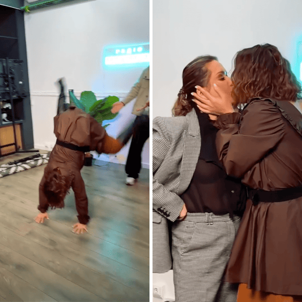 Оля Цибульська робить колесо просто в студії, після чого палко цілує Наталію Могилевську / © скриншот з відео