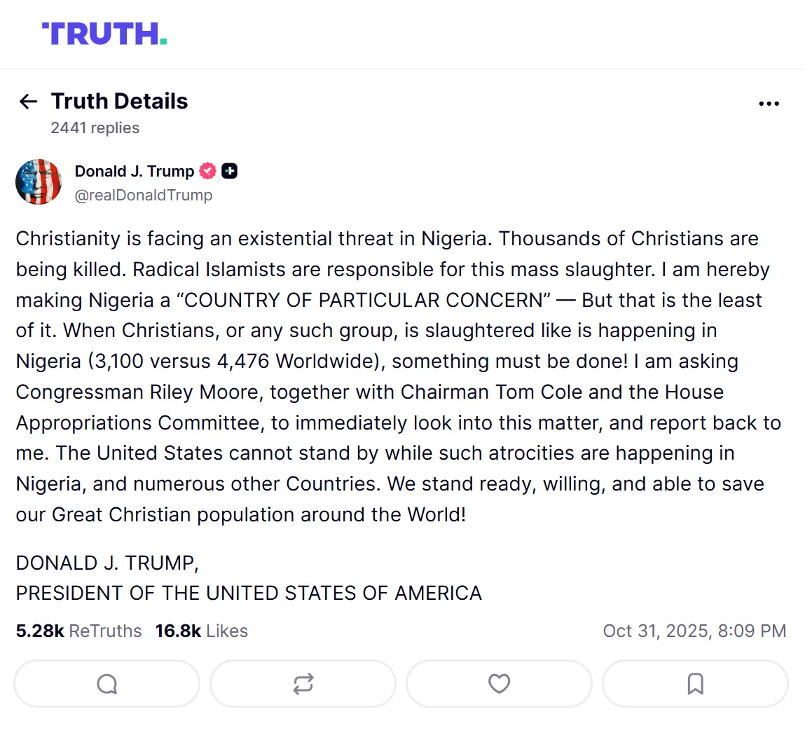 Трамп назвав Нігерію "країною особливої стурбованості" й згадав про вбивства християн
