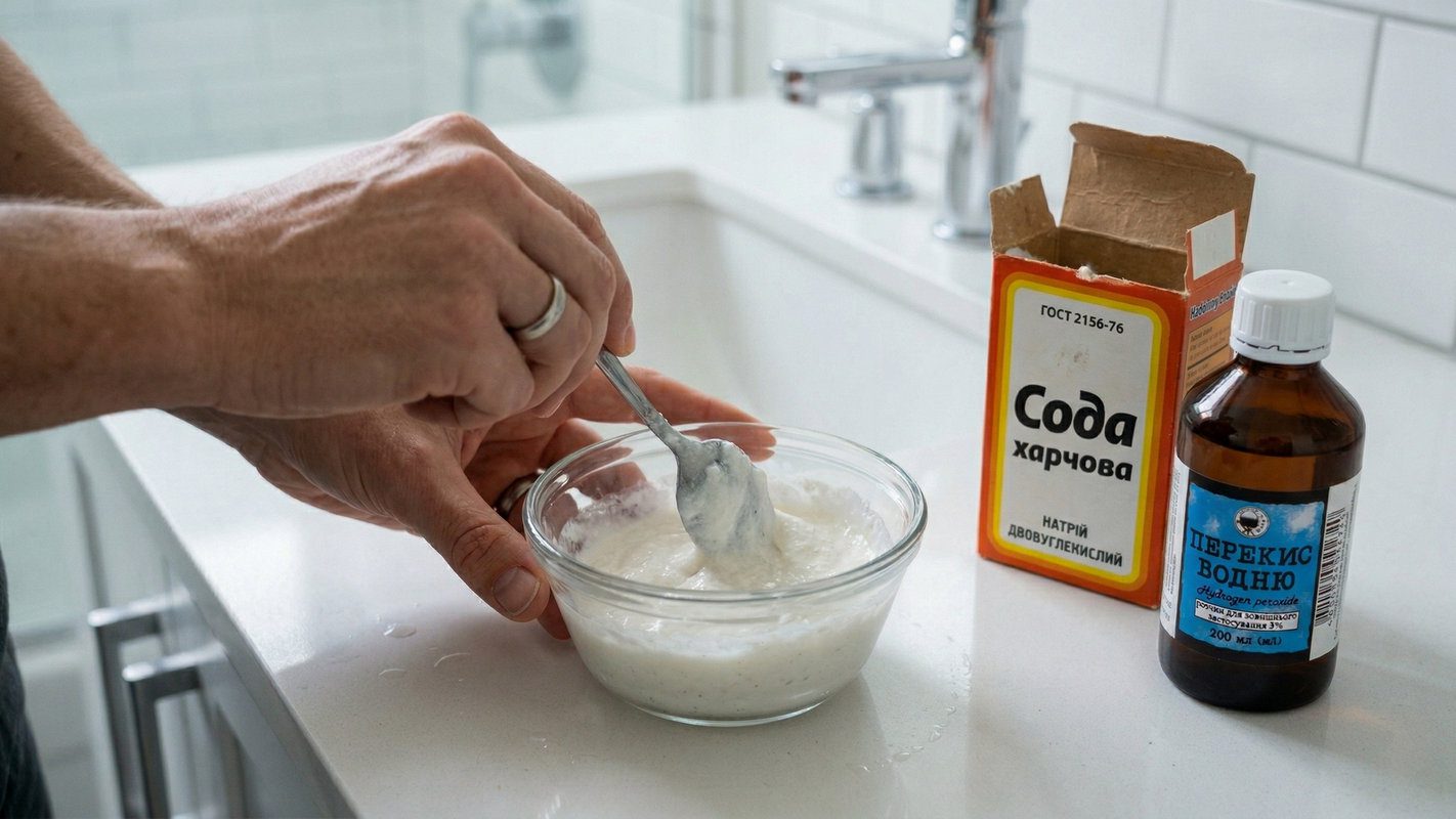 Засіб для прибирання у ванній із перекису водню та соди