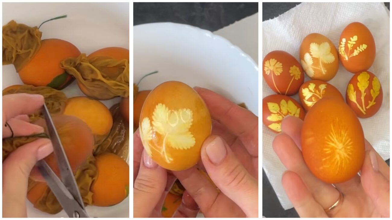 Господині показали, як у лушпинні зварити незвичайні крашанки з візерунками. Фото: YouTube Onyshkevychi 