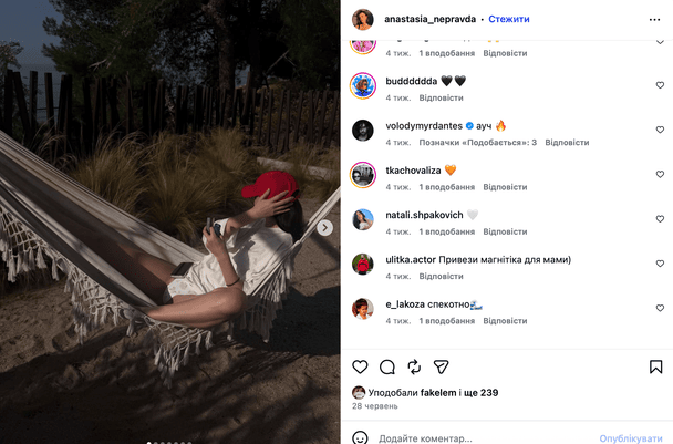 Коментар Володимира дантеса під дописом Анастасії Неправди / © instagram.com/volodymyrdantes